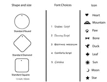 Load image into Gallery viewer, Chart showing shape and size options, font choices, and icons for design elements.