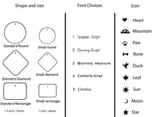 Load image into Gallery viewer, Tag Shapes, Fonts, and Icon Choices
