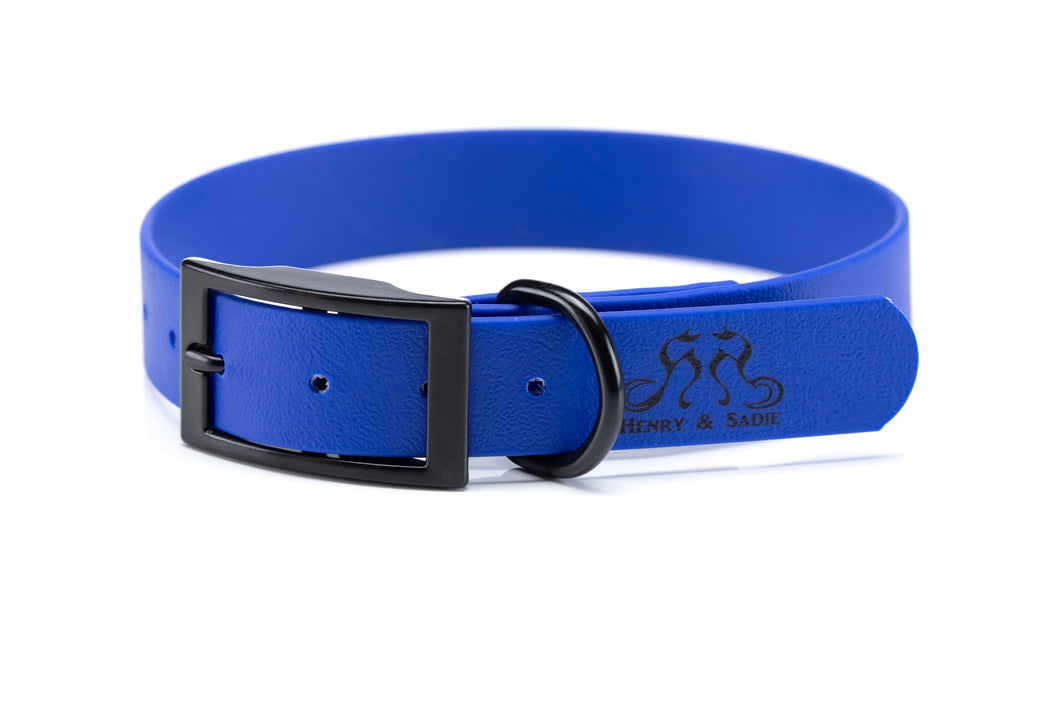 Henry & Sadie Blue Collar with Black Hardware on a White Background