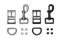 Load image into Gallery viewer, Henry &amp; Sadie Hardware Buckle, Clasp, Ring and Rivets shown in Colors Black and Antique Nickel 