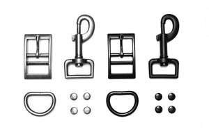 Henry & Sadie Hardware Buckle, Clasp, Ring and Rivets shown in Colors Black and Antique Nickel 